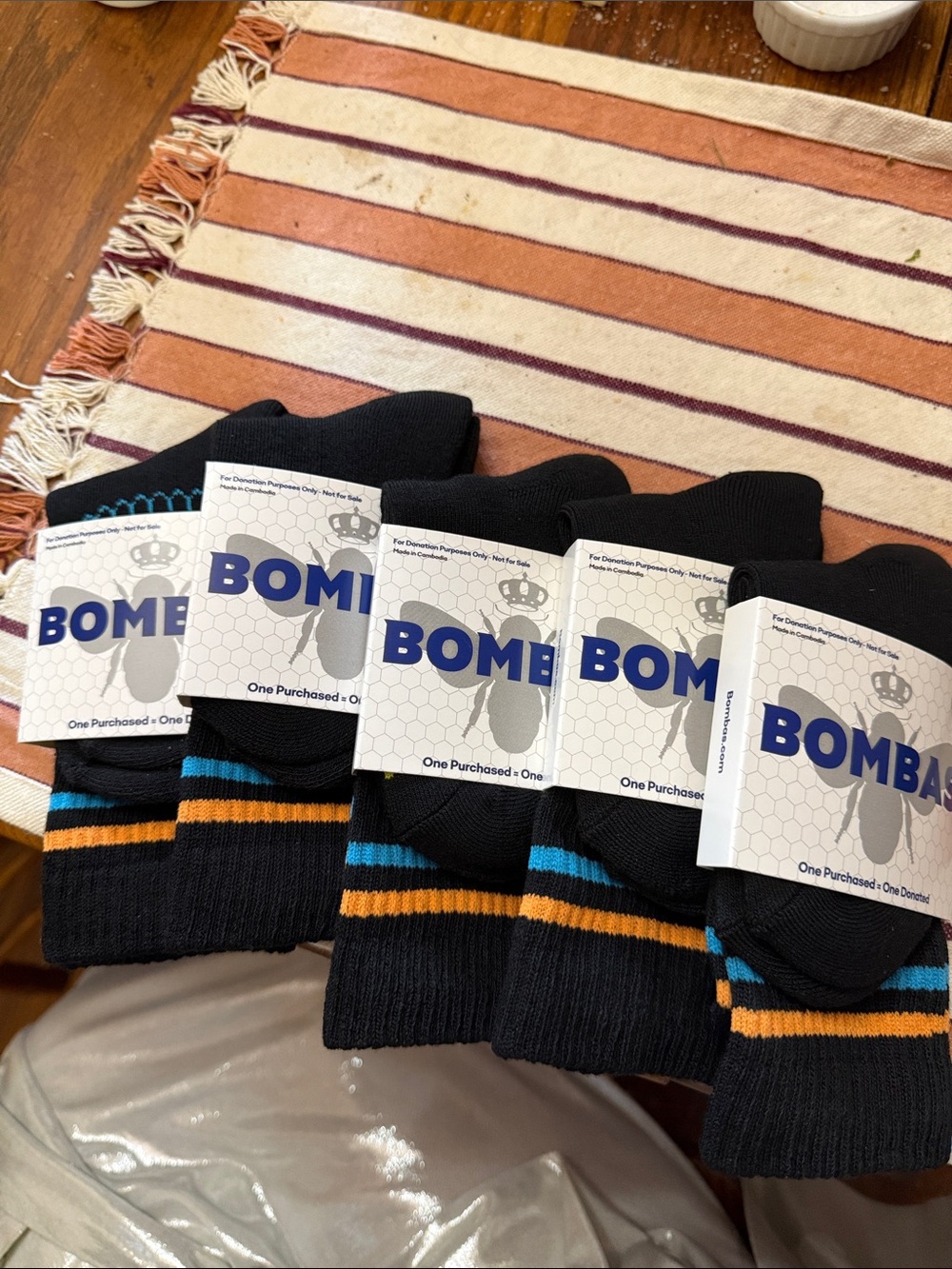 Bombas Black Crew Socks with Blue and Orange Stripe Accents (5 Pack)